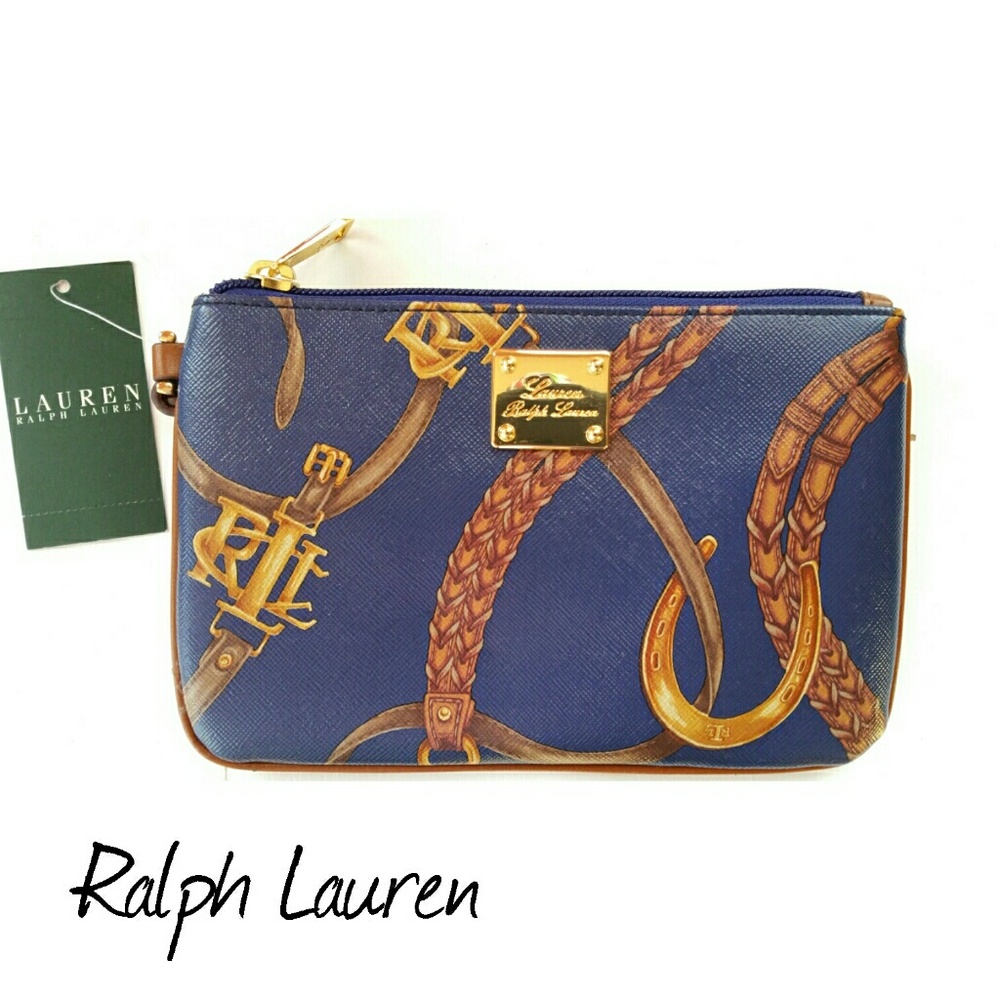 Ralph Lauren Navy Blue & Brown Equestrian Print Wristlet Clutch